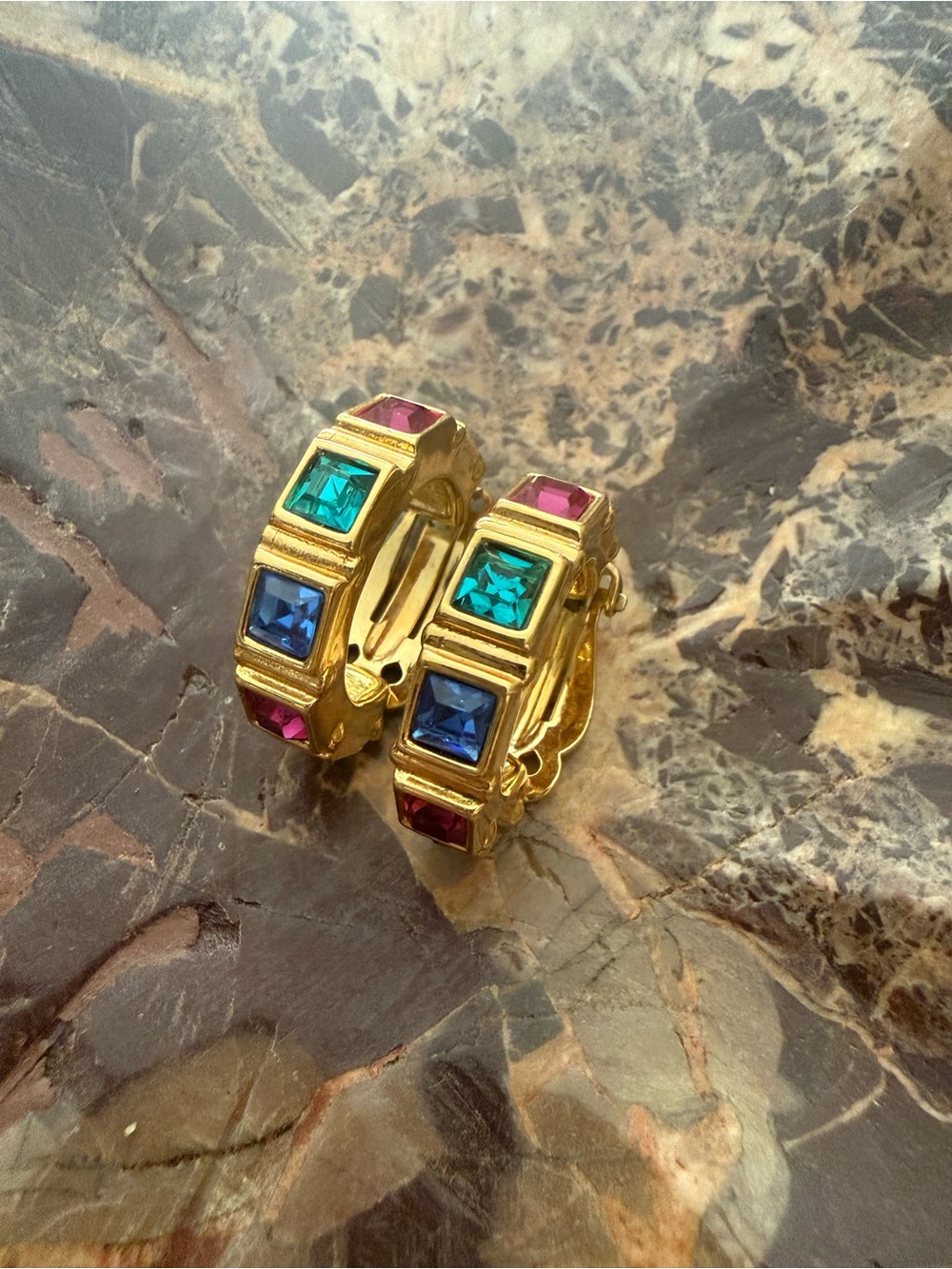 Swarovski Gold tone clip-on Hoop Earrings with Blue, Teal and ruby crystals.